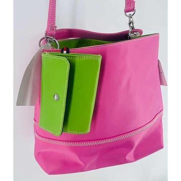 Tommy Hilfiger Purse Sz Med Spring Pink & Green Easy Clean Bonus Coin Purse NWT - Picture 10 of 11